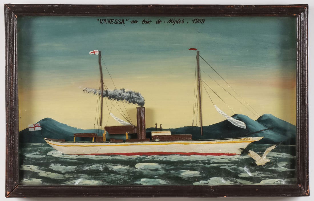 GREAT STEAMSHIP DIORAMA, C. 1909: GREAT STEAMSHIP DIORAMA, C. 1909. Comprising a framed carved and polychrome image of the steamer, Vanessa, off the coast of Naples, 1909, as inscribed on upper margin, carved in half-round, flying a B