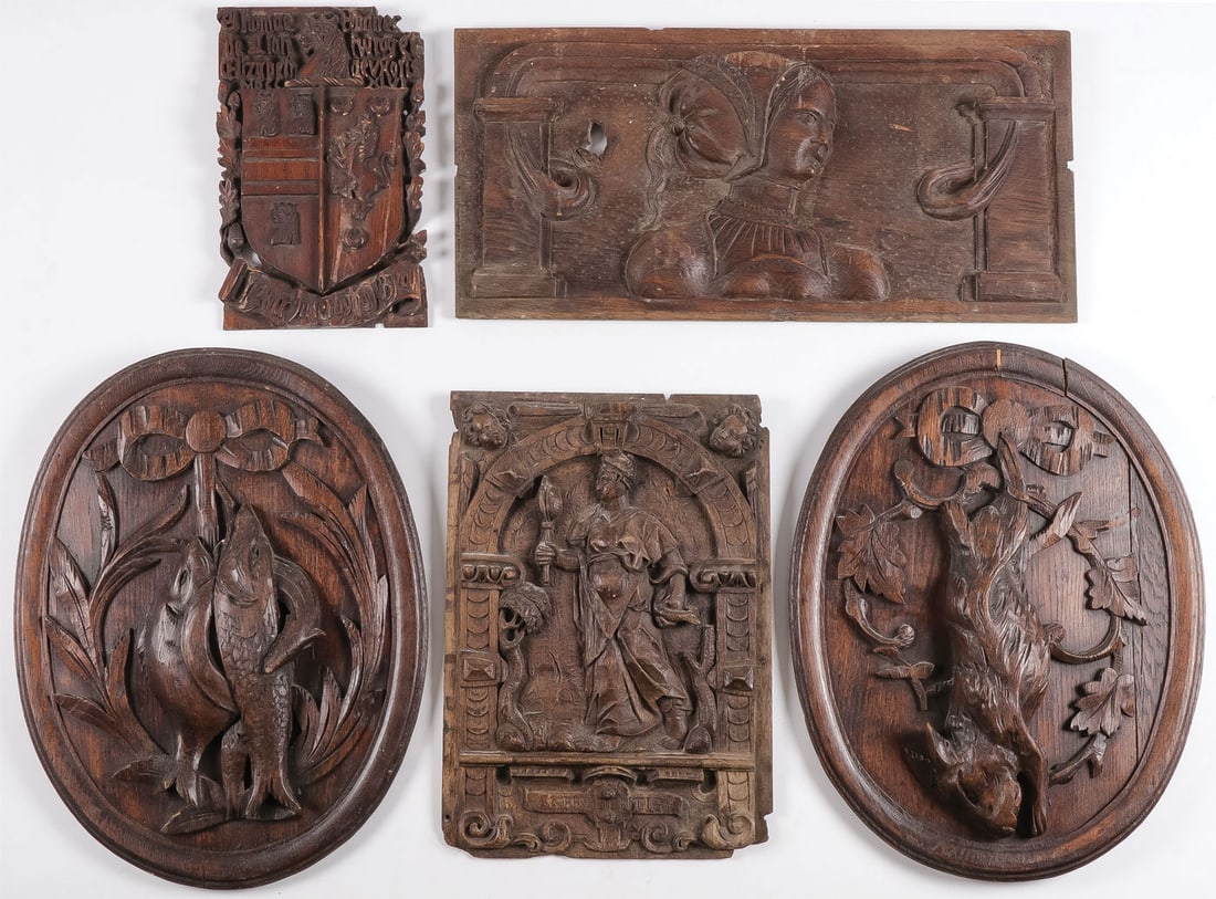 5 CARVED WOOD PANELS, 18TH & 19TH C: 5 CARVED WOOD PANELS, 18TH & 19TH C. Comprising a pair of matching oval game plaques, a rectangular horizontal plaque with relief carved Renaissance costumed female bust, a carved relief plaque of Pru