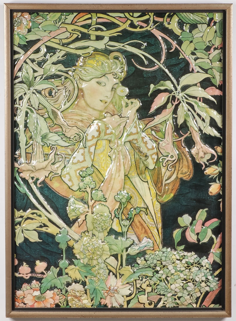 ART NOUVEAU STYLE FAUX ENAMELED RELIEF PLAQUE: ART NOUVEAU STYLE FAUX ENAMELED RELIEF PLAQUE. Comprising a large and impressive relief molded colorful plaque of a woman amongst flowers, probably after Alphonse Mucha, signed lower left Barry and da