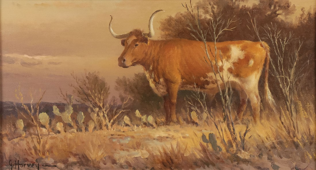 GREAT G. HARVEY TEXAS PAINTING: G. (GERALD) HARVEY JONES (American 1933 - 2017) A Texas Long Horn Steer Oil on canvas Signed lower left and titled on stretcher: "Wiry, Free and Full of Fight" 9 inches x 16.25 inches, overall includi