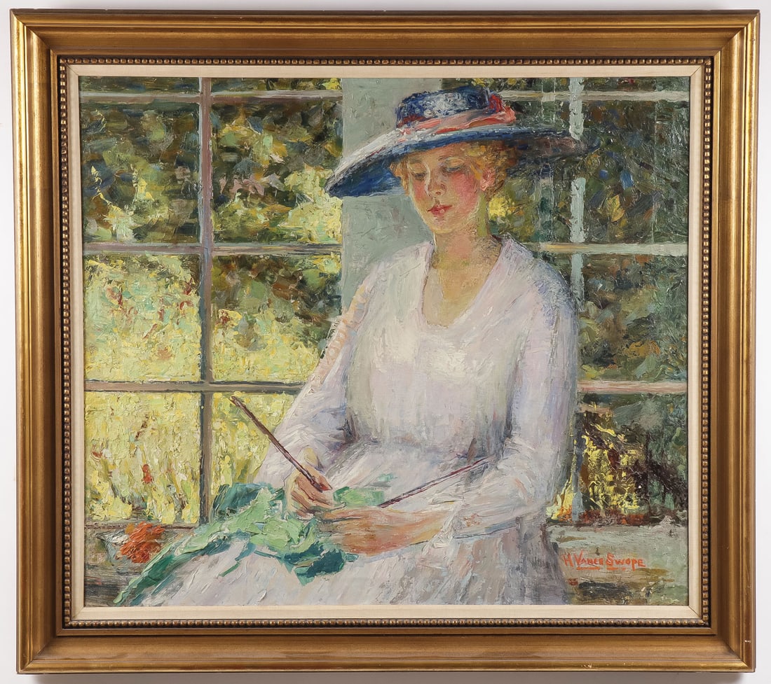 AMERICAN IMPRESSIONIST PORTRAIT OF A BEAUTY: HARRY VANCE SWOPE (American 1879 ? 1926) A Woman Knitting Oil on canvas Signed lower right 30 inches x 34.25 inches SHIPPING NOTICE: Except for large, oversized items, Ja