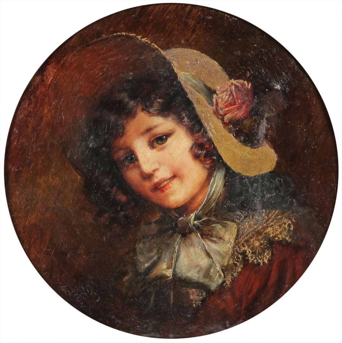 CHARMING 19TH C SIGNED OIL ON CANVAS: GERMAN SCHOOL (19th Century)A Young Girl with Flowered Bonnet Oil on canvasIndistinctly signed lower left, Fritz Tig?16 inches x 16 inches (40.5 x 40.5cm), contained in a press-molded gilt frame with