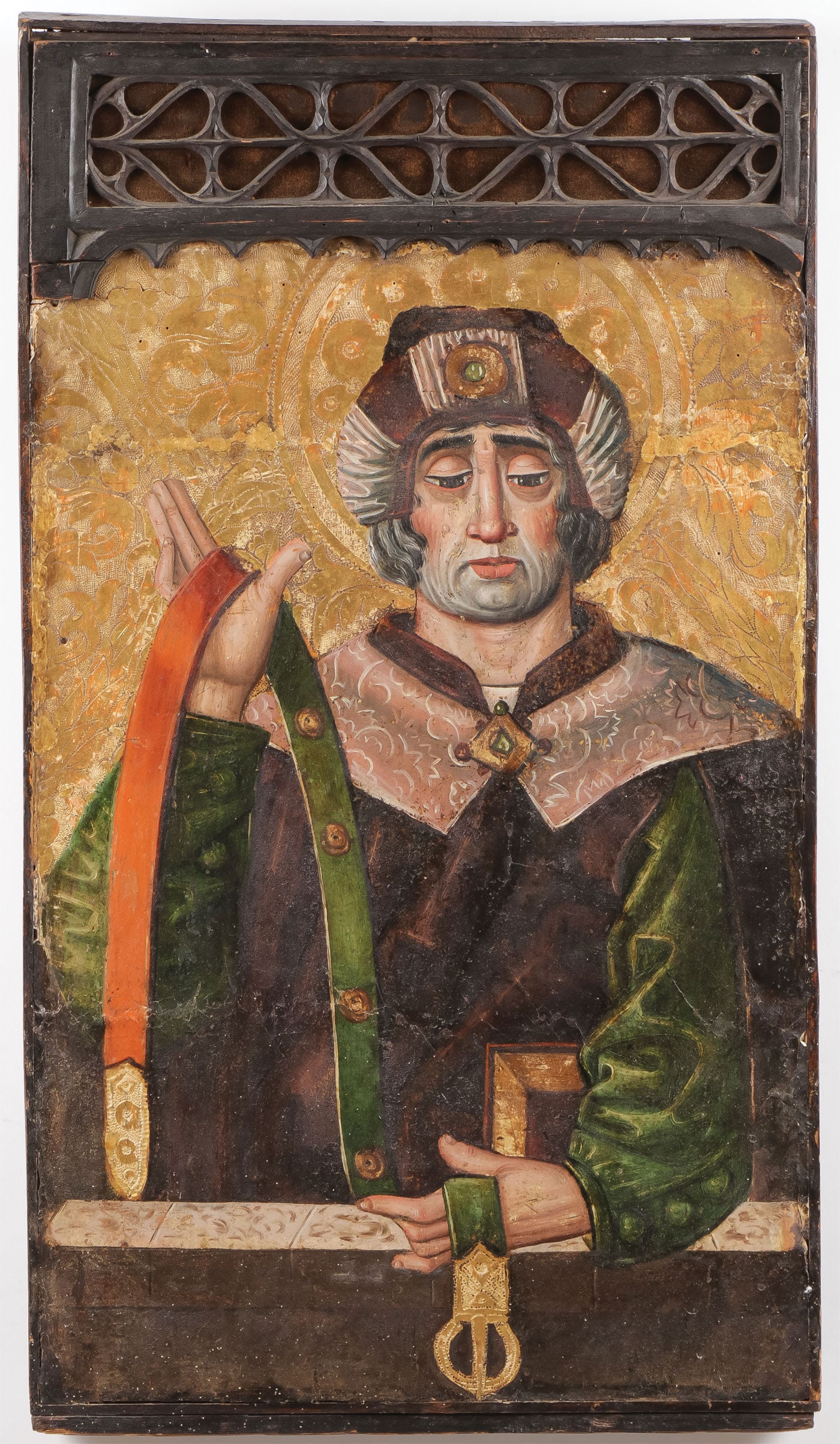 OLD MASTER PAINTING C.1500: GERMAN/SWABIAN OR SPANISH SCHOOL (circa 1500)St. Thomas Holding the Virgin's Belt and with Builders Square Egg tempera on incised gilt and gessoed wood panel with integral Gothic arch.Unsigned30.5 in