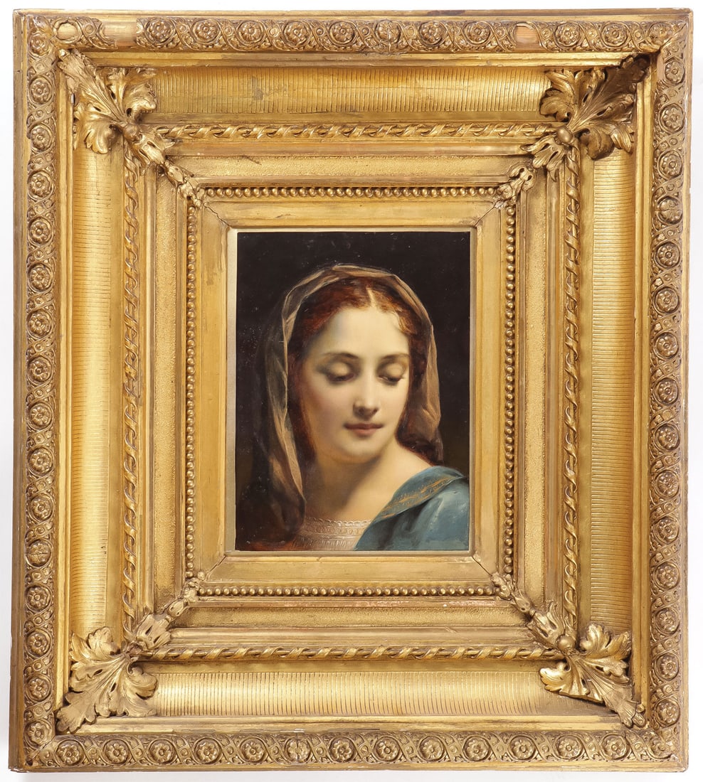 19th CENTURY FRENCH PAINTING: Circle of ADOLPHE BOUGUEREAU (French 1825-1905) Head of the Virgin Oil on wood panel Unsigned 9.5 inches x 7.5 inches (24 x 19cm), overvall including ornate press molded gilt frame 21.75 inches x 19.5