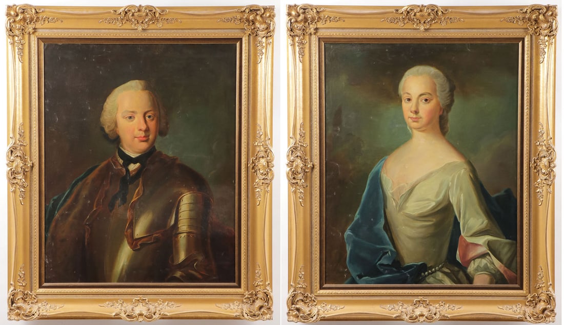 A PAIR OF SWEDISH PORTRAITS 19th/20th CENTURY: A PAIR OF SWEDISH PORTRAITS 19th/20th CENTURY. Comprising a pair of portraits depicting a man wearing armor and an elegantly dressed woman, each oil on canvas, apparently unsigned. Very possibly after