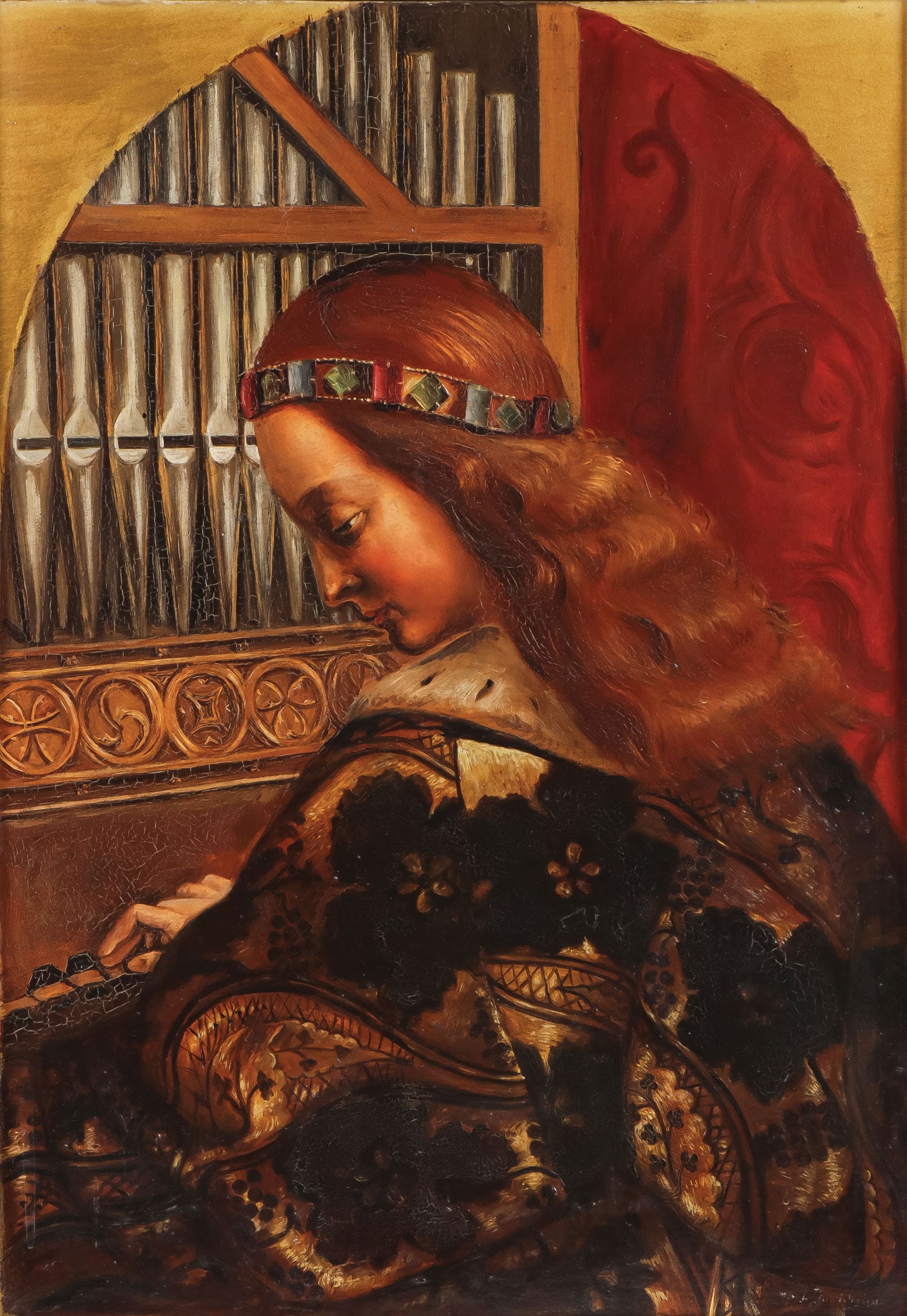 PAINTING OF ST. CECILIA, 1900: GERMAN SCHOOL (18th Century)Painting of Saint Cecilia at Organ Oil on boardIndistinguishably signed lower right23.75 inches x 16.5 inches (58.5 x 40.5cm) overall including frame 31 inches x 24 inches