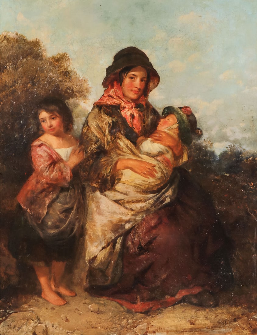 BEAUTIFUL ARTIST SIGNED PAINTING, C. 1860: EDWARD JOHN COBBETT (British 1815-1899) A Mother with Children in Landscape Oil on canvas Signed "E.J. Cobbett" lower right and frame with artist/title plaque 36 inches x 28 inches, contained in an or