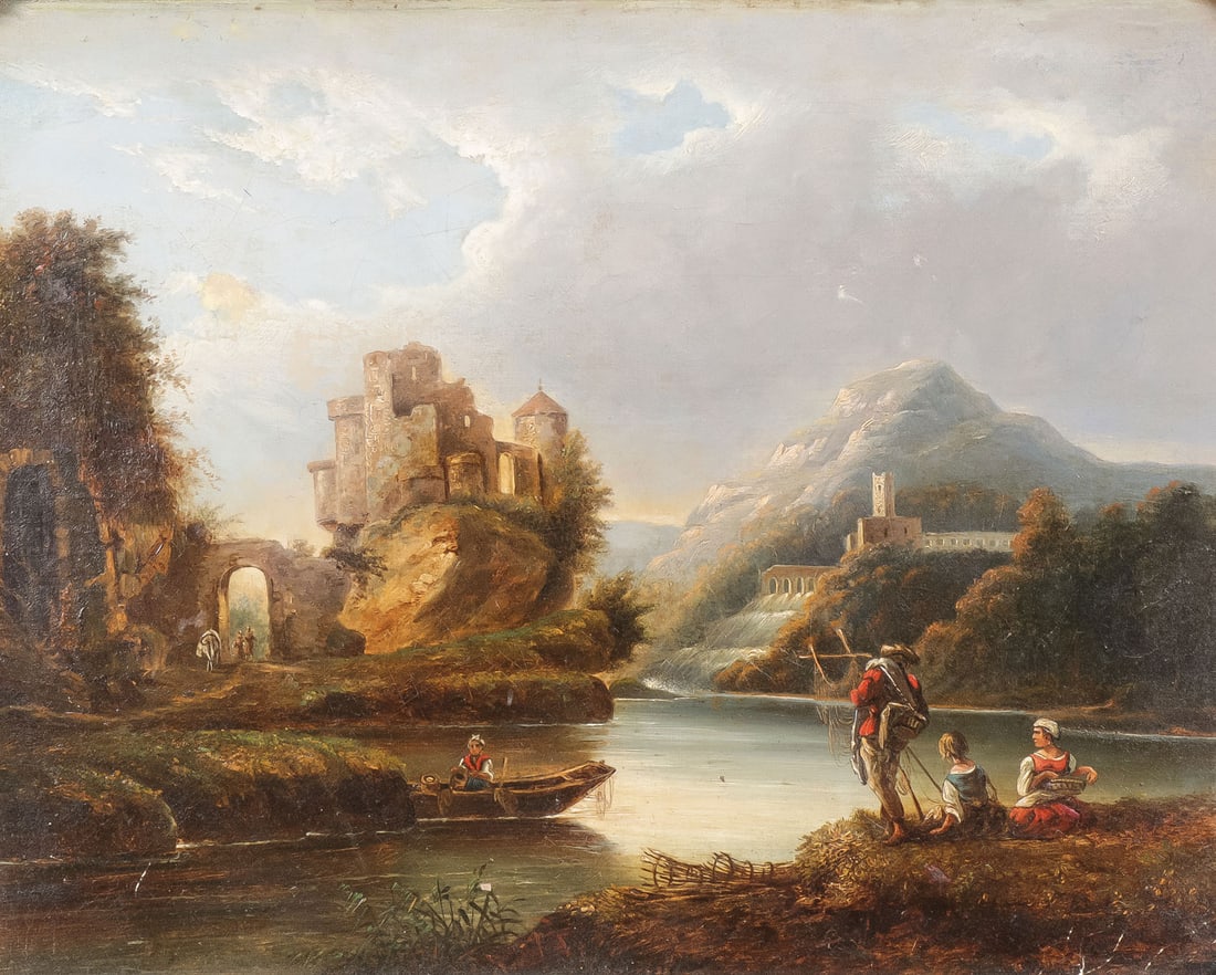 EUROPEAN LANDSCAPE FOLLOWER OF CLAUDE LORRAIN: Follower of CLAUDE LORRAIN (French 1600-1682) Fishermen in Expansive Landscape with Castle Ruins Oil on canvas relined Apparently unsigned 16.2 inches x 20.5 inches (41 x 51.5 cm), contained in a pres