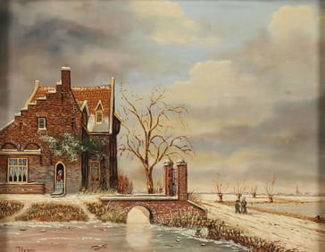 SIGNED OIL ON BOARD DUTCH WINTER LANDSCAPE