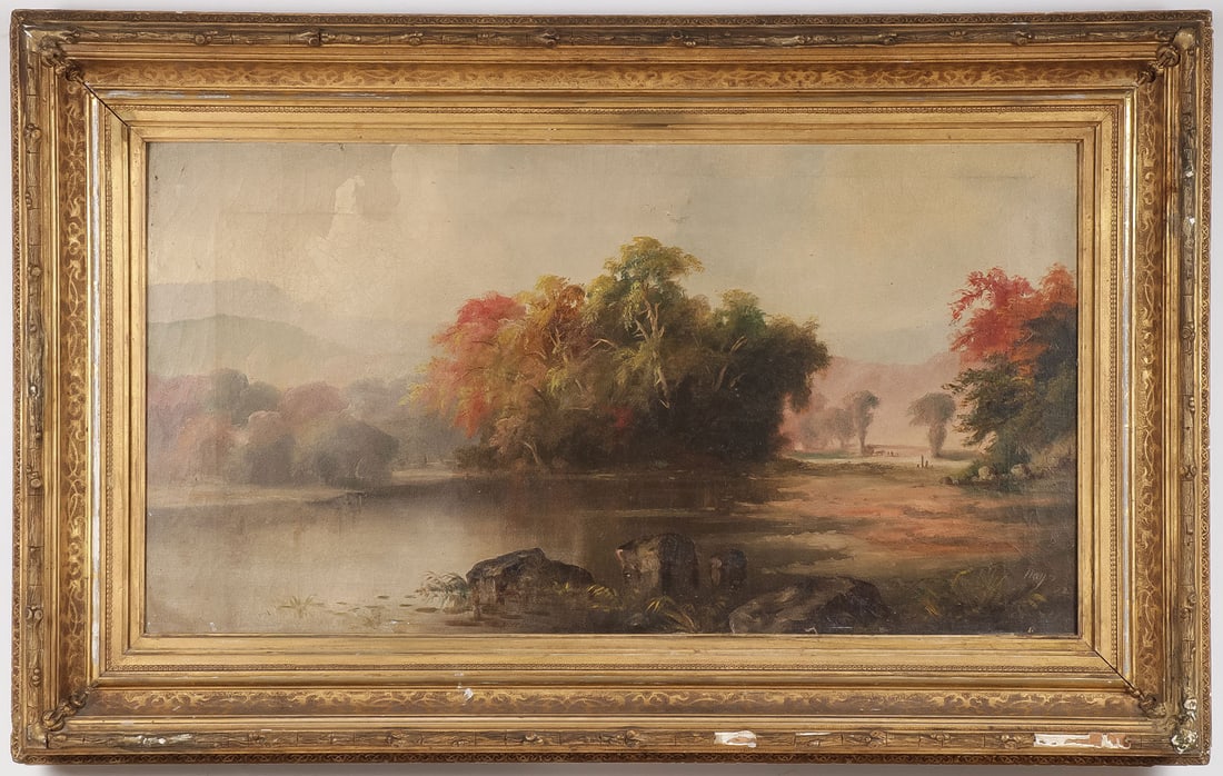 19TH CENTURY SIGNED HUDSON RIVER LANDSCAPE: HUDSON RIVER SCHOOL (19th century) View on the Black Watter Oil on canvas Signed lower right "Hays," titled and dated on verso 1870 16 inches x 30 inches, contained in its likely original stencil deco
