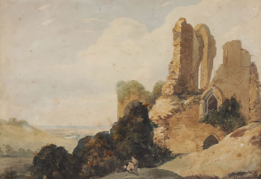19TH C. BRITISH LANDSCAPE PAINTING: BRITISH SCHOOL (19th Century)Landscape with Ruins and Figures Watercolor on paperApparently unsigned9 inches x 13 inches, overall including frame 15 inches x 18.75 inches (37.5 x 47cm)