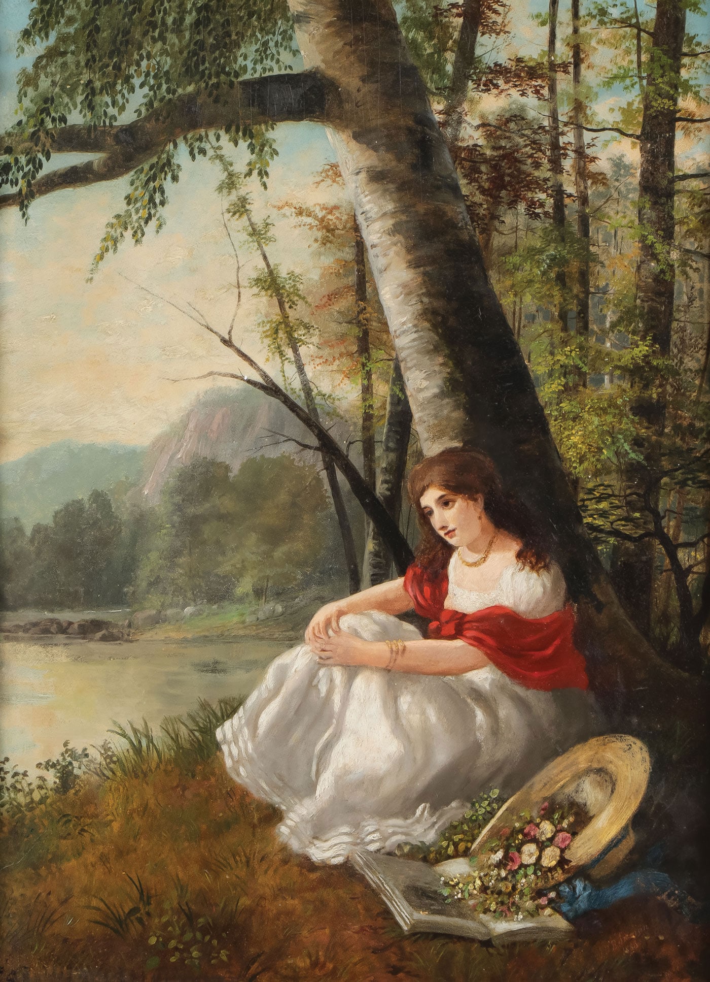 19TH CENTURY PORTRAIT, JOHN O'BRIEN INMAN: JOHN O'BRIEN (American 1828-1896) Meditation Oil on board Signed lower left, title inscribed on verso of frame, and verso with 1957 dated certificate from George Papadopulos, Artes Art Gallery, Ann Ar