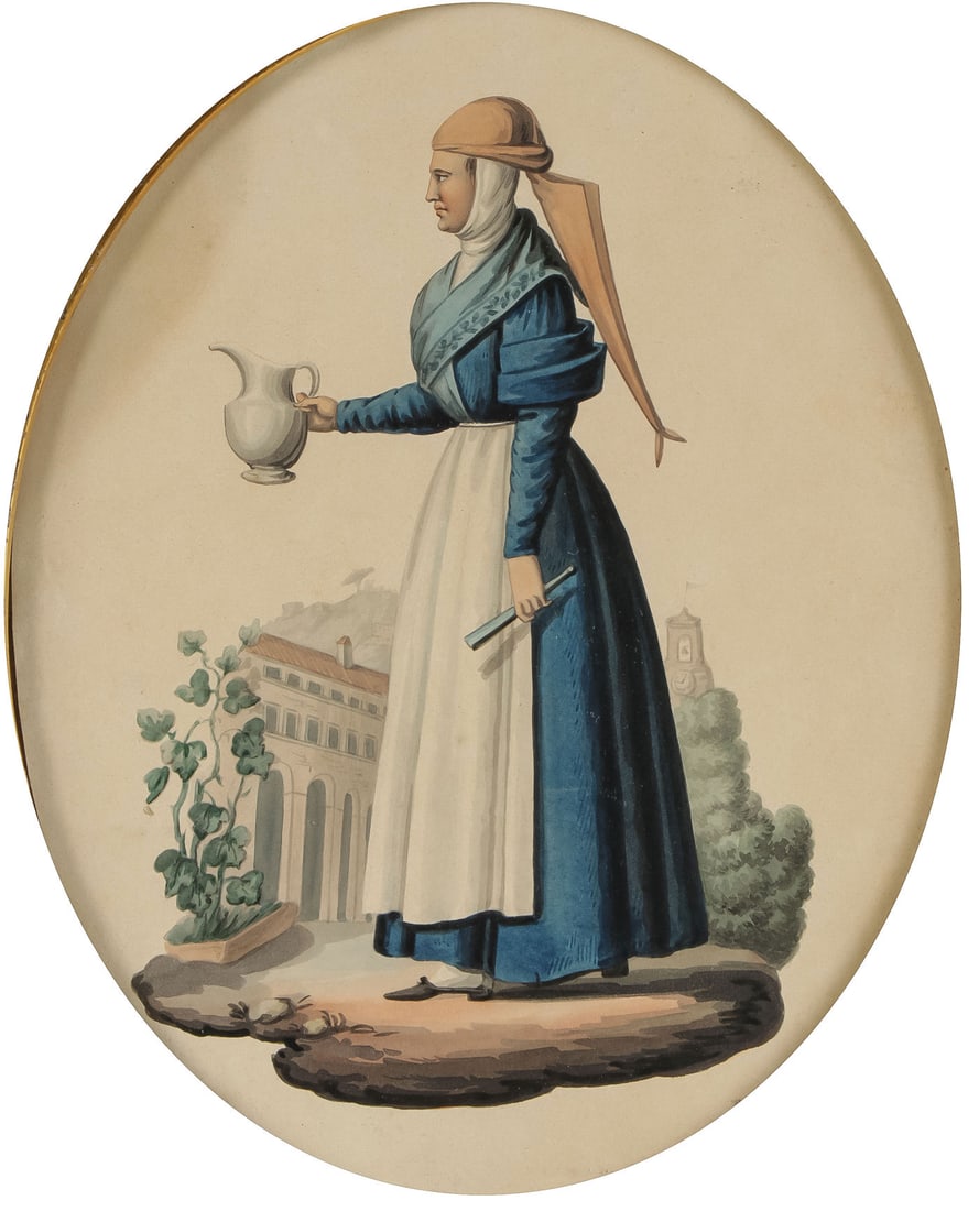 19th CENTURY ITALIAN WATERCOLOR PORTRAIT OF NUN: ITALIAN SCHOOL (19th Century) A Woman Watering Plants Watercolor on paper Unsigned 10 inches x 8 inches (25.5 x 20 cm), contained in a glazed frame SHIPPING NOTICE: Exce
