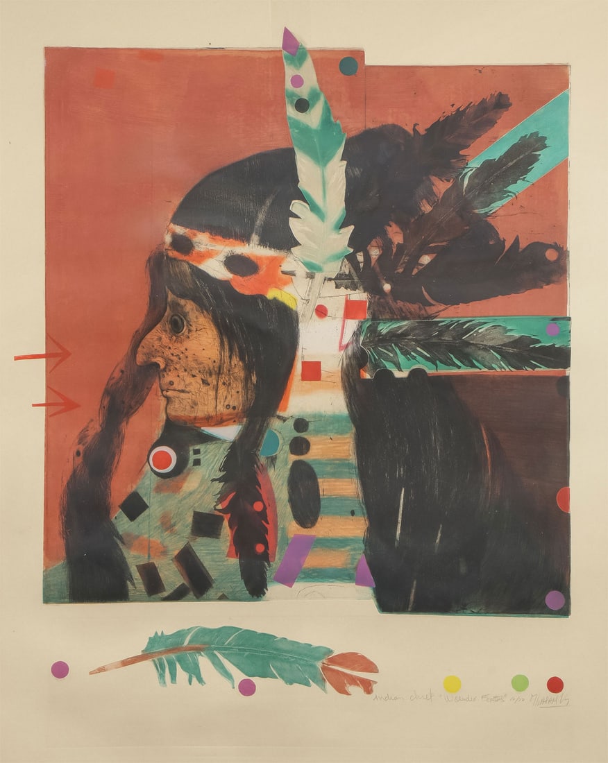 MAURICIO LASANSKY INDIAN CHIEF: MAURICIO LASANSKY (American 1914-2012)Indian Chief "Wounded Feather" IntaglioSigned, titled, and editioned 10/70 lower right 29 inches x 21.5 inches, contained in a glazed frame measuring 43.5 inches