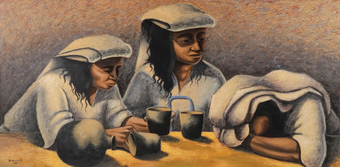MID CENTURY SIGNED LATIN AMERICAN PAINTING: Austreberto Morales Ramirez (Mexican born 1932-) Sorrow 1960 Oil on masonite Signed and dated "-60-" lower left 24 inches x 48 inches (61cm x 122cm), overall including frame 32.25 inches x 56.25 inche