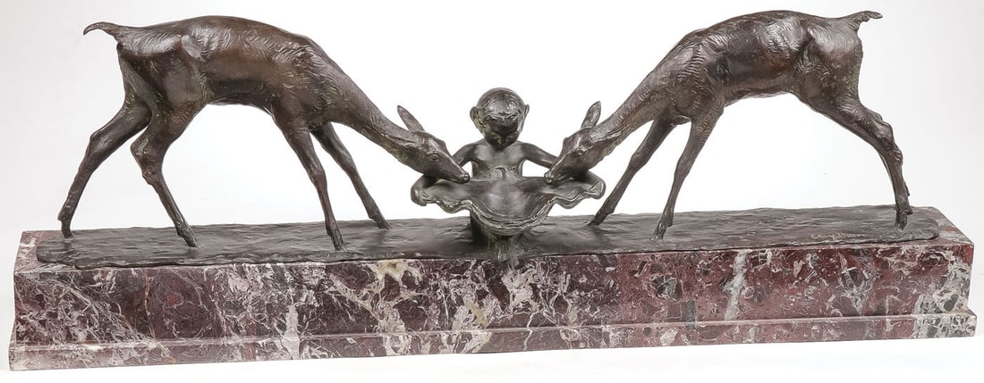 SIGNED FRENCH DECO BRONZE, ARY BITTER C. 1930: ARY JEAN LEON BITTER (French 1883 - 1973)A Faun Watering Deer Bronze with brown patina on original stepped marble baseThe bronze signed Ary Bitter and with Susse Freres foundry markOverall length incl