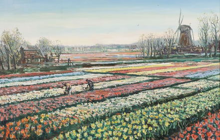 SIGNED DUTCH LANDSCAPE WITH TULIPS VAN DIJK