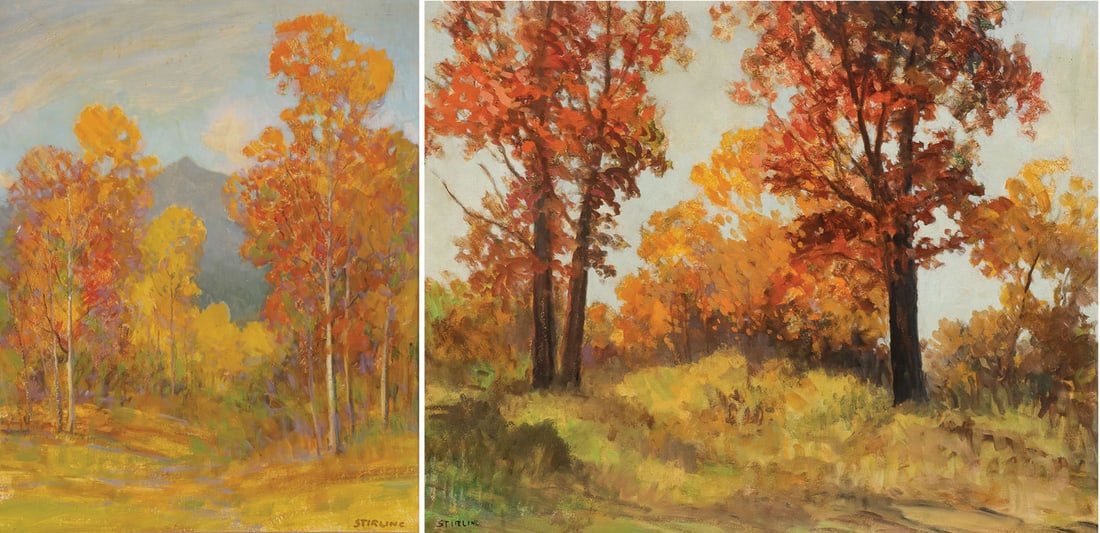 COLORADO LANDSCAPE PAINTINGS DAVE STIRLING: COLORADO LANDSCAPE PAINTINGS DAVE STIRLING. Comprising a pair of original paintings by noted Colorado artist Dave Stirling (American 1887 ? 1951), including two autumn landscapes, likely Estes Park. O