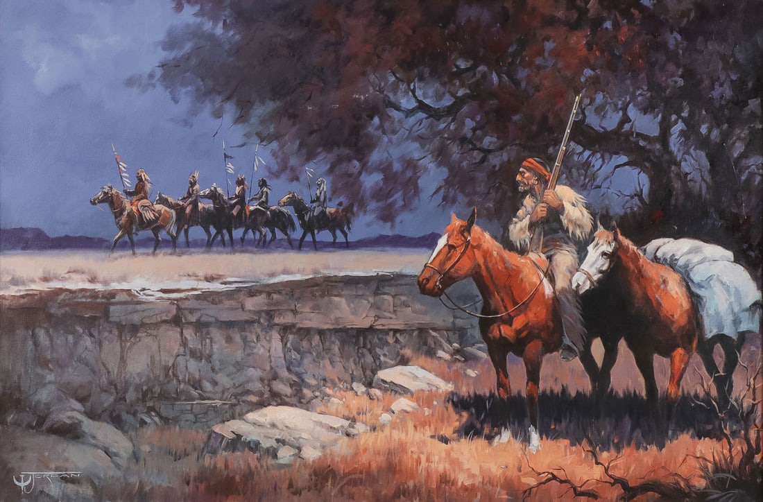 GREAT ARTIST SIGNED WESTERN PAINTING: JACK JORDAN (American 1928-2018) Right of Passage Oil on canvas Signed "Jordan" lower left 24 inches x 36 inches, overall including frame 37 inches x 49 inches SHIPPING NOTICE: