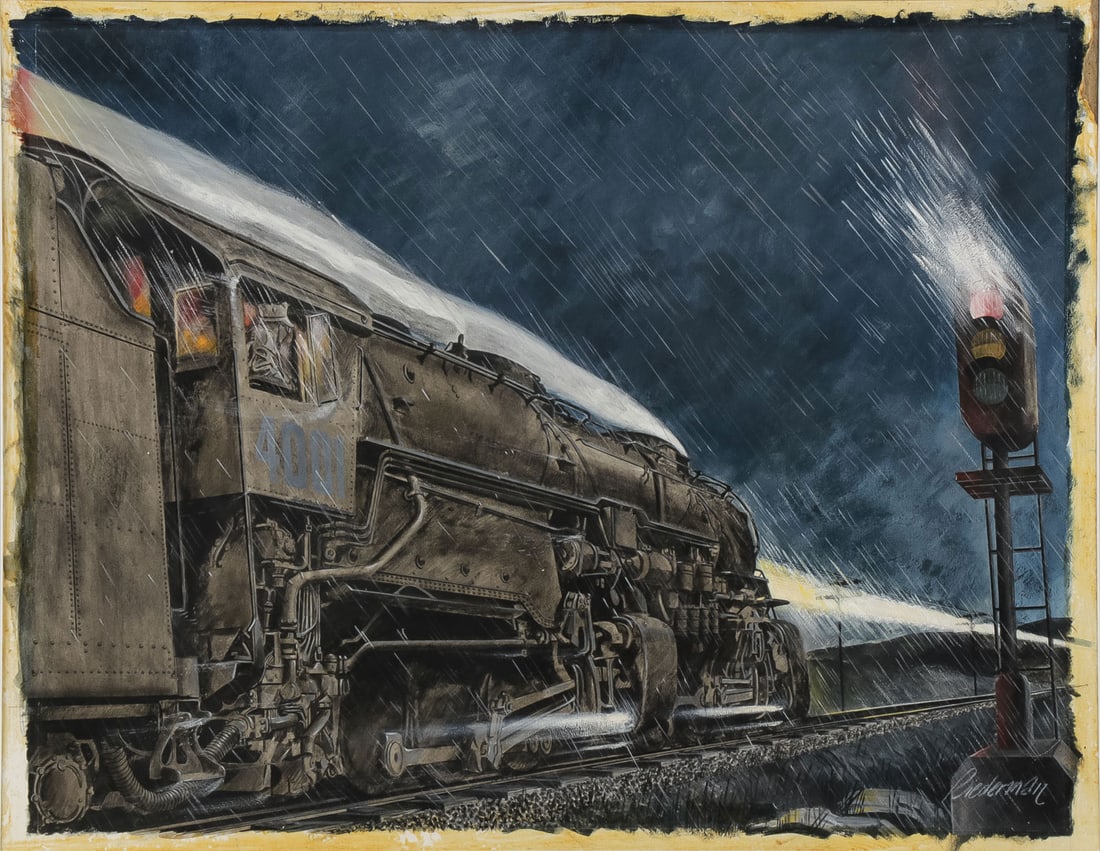 ORIGINAL LOCOMOTIVE ILLUSTRATION ART BIEDERMAN: JEROME BIEDERMAN (American 1913-1996) Locomotive on a Rainy Night Gouache on paper Signed lower right 14 inches x 18 inches (image), overall including frame 23 inches x 27 inches SHIP