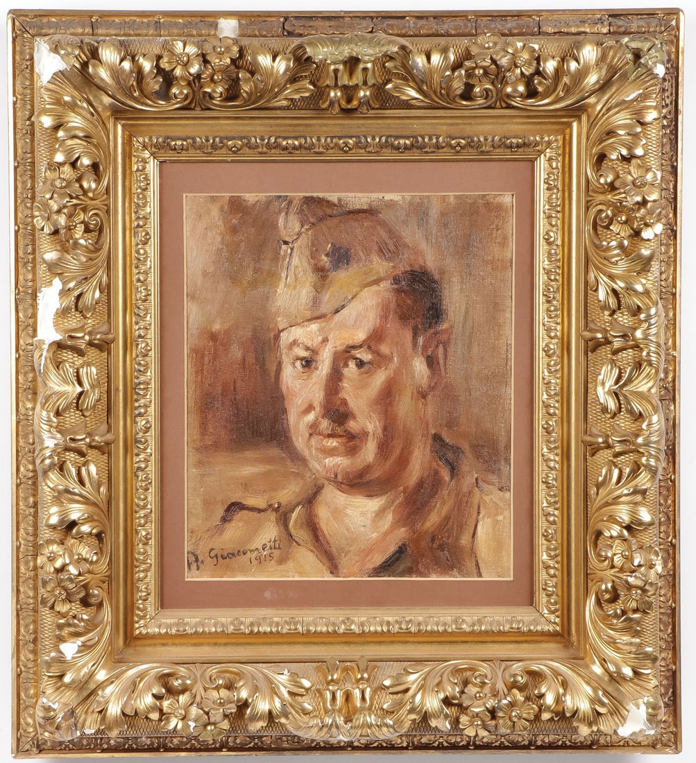 SIGNED & DATED PAINTING OF SOLDIER: AUGUSTO GIACOMETTI (Italian 1877-1947) Portrait of a Soldier Oil on board Signed lower left and dated 1915 12.5 inches x 11 inches (32 x 28cm), overall including 20.25 inches x 18.5 inches