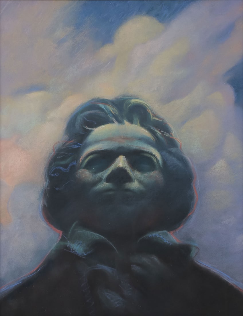 FAMED ILLUSTRATOR GARY KELLY ORIGINAL PASTEL: GARY KELLY (Iowa b. 1945 -) Untitled, Portrait of Man Wearing Ascot Pastel on paper Signed lower left along figure's shoulder 19.5 x 15.5 inches (site), contained in a glazed frame overall measuring 2