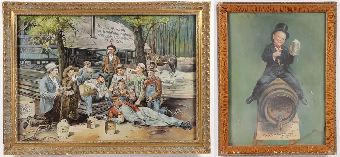 GOOD GROUP OF VINTAGE ADVERTISING: GOOD GROUP OF VINTAGE ADVERTISING. Comprising a rare J.W.M. Fields Champion Whiskey tin lithograph advertisement sign depicting a lumberjack crew taking a break. Condition: Overall, very good conditio