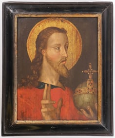 AN 18TH C PAINTING OF CHRIST ON WOOD PANEL