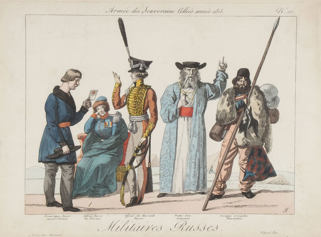 ADRIEN GODEFREY RUSSIAN MILITARY ENGRAVING 19TH C: ADRIEN PIERRE FRANÇOIS GODEFROY (French 1777-1865)Militaires Russes from Armée des Souverains Alliés Hand colored engravingUnsigned10.25 inches x 13.75 inches (26 x 35 cm) [sight], cont
