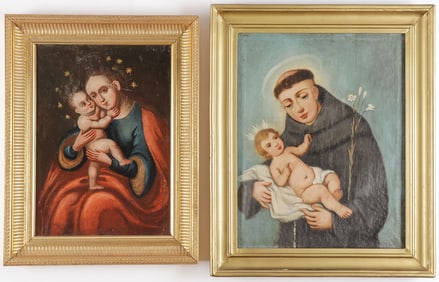 PAIR SPANISH COLONIAL RELIGIOUS PAINTINGS 18TH C