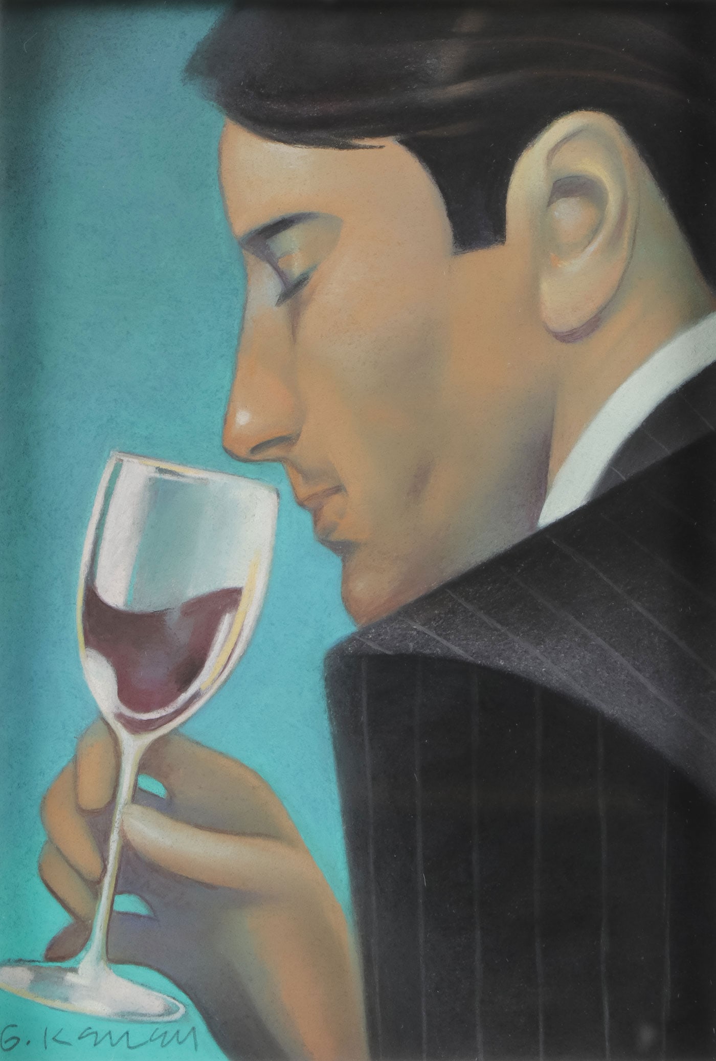 FAMED ILLUSTRATOR GARY KELLY ORIGINAL PASTEL: GARY KELLY (Iowa b. 1945 -) A Wine Connoisseur Pastel on paper Signed lower left 9.5 x 6.5 inches (site), contained in a glazed frame overall measuring 17.5 x 14.5 inches SHIPPING NOT
