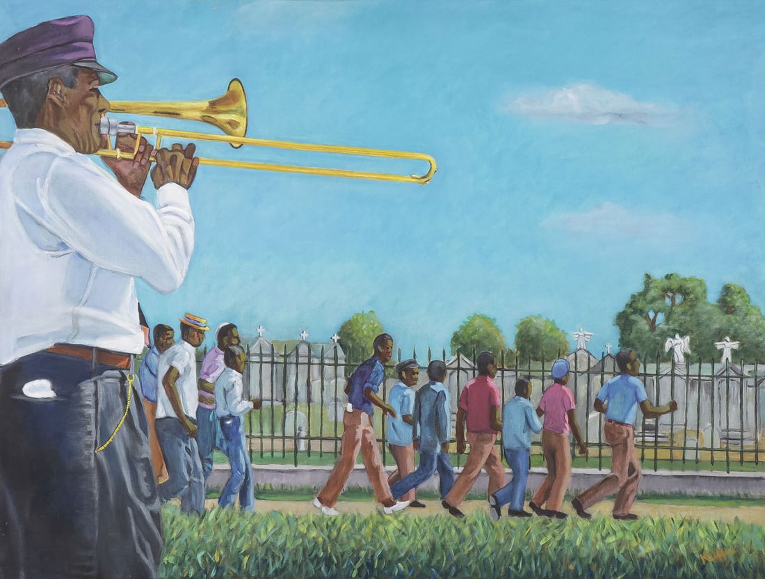 EDWARD KEIFFER ORIGINAL OIL ON CANVAS: EDWIN KEIFFER (American 1921-1997) Leaving the Cemetery, Louis Nelson, The Olympia Brass Band -1964 Oil on canvas Signed lower right, titled and dated on verso 50 inches x 38 inches, unframed