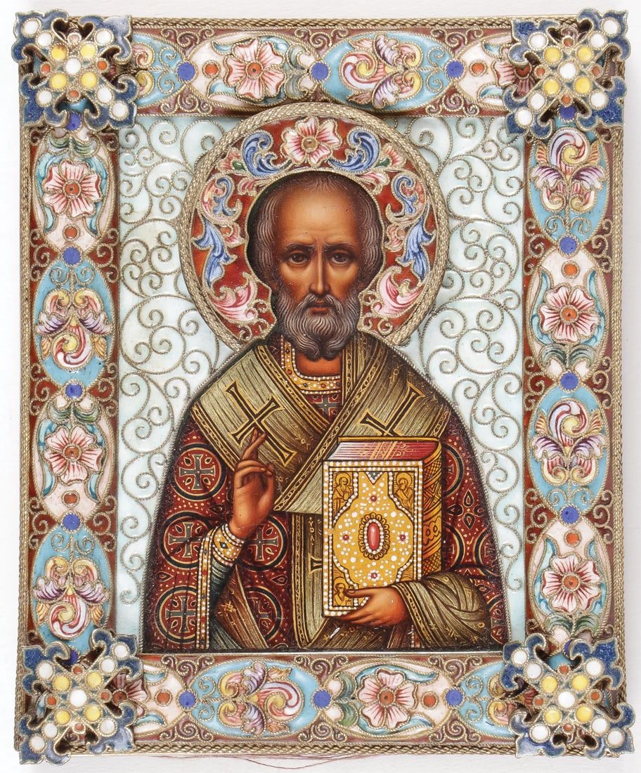 A RUSSIAN SILVER & ENAMEL ICON, FEDOR RUCKERT: A RUSSIAN SILVER & ENAMEL ICON, FEDOR RUCKERT. Comprising a finely painted miniature icon of St. Nicholas, overlaid with an ornate silver gilt and shaded enamel oklad. Hallmarked Moscow 1908-1917 and 