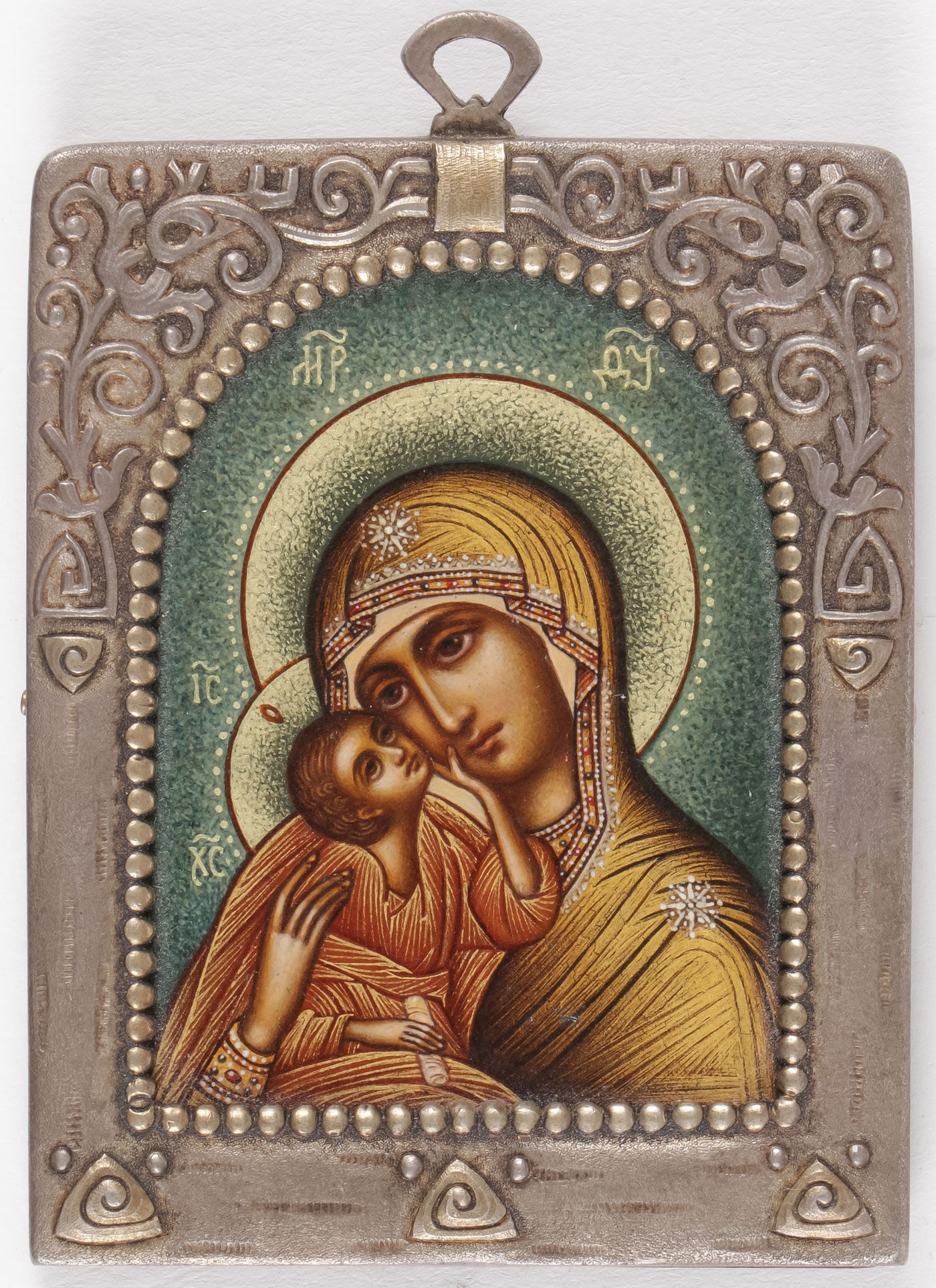 A FABERGE PENDANT ICON OF THE VIRGIN: A FABERGE PENDANT ICON OF THE VIRGIN. Comprising a finely painted icon of the Tenderness (Умиление) Mother of God, with stippled gilt halo and extensive