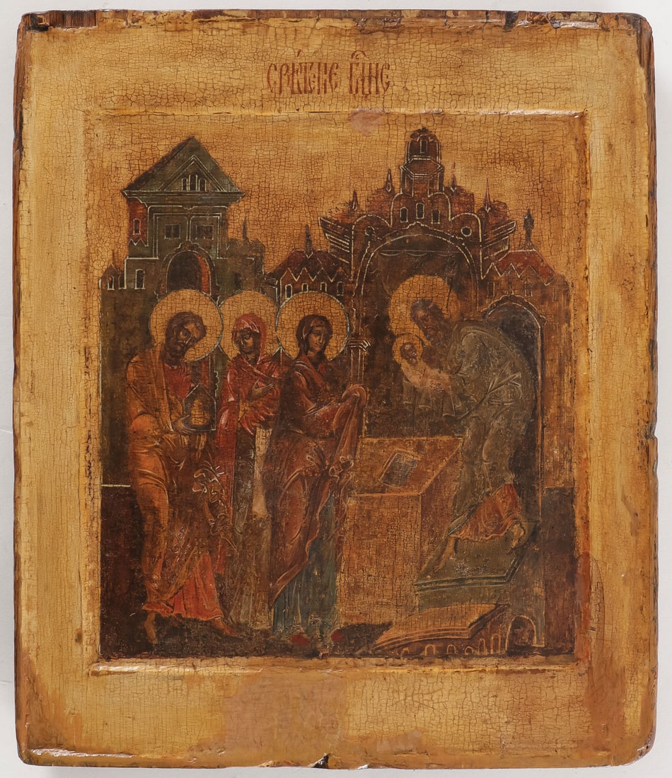 A RUSSIAN ICON OF THE MEETING OF THE LORD: A RUSSIAN ICON OF THE MEETING OF THE LORD, C. 1650. Here the aged Simeon the BOGOPRIYMETS (God-Receiver) holds the infant Christ, Mary stands before him, and behind her are the prophetess Anna and St.