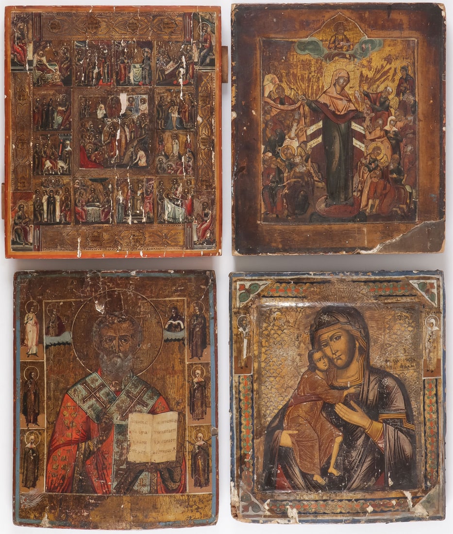 FOUR RUSSIAN ICONS, 19TH C: FOUR RUSSIAN ICONS, 19TH C. Clockwise from upper left including, the Resurrection and Descent with Feast Days, the Mother of God of All Who Sorrow, the Feodorovskaya Mother of God, and St. Nicholas. E