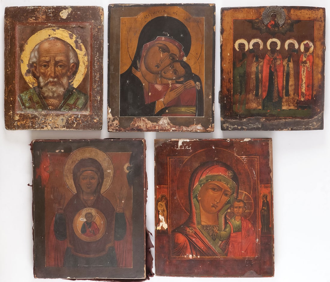 5 RUSSIAN ICONS, 19TH C: 5 RUSSIAN ICONS, 19TH C. From top to bottom, left to right, they include: St, Nicholas, the Korshunskaya Mother of God, selected saints, the Sign Mother of God, and the Kazan Mother of God. Largest ex