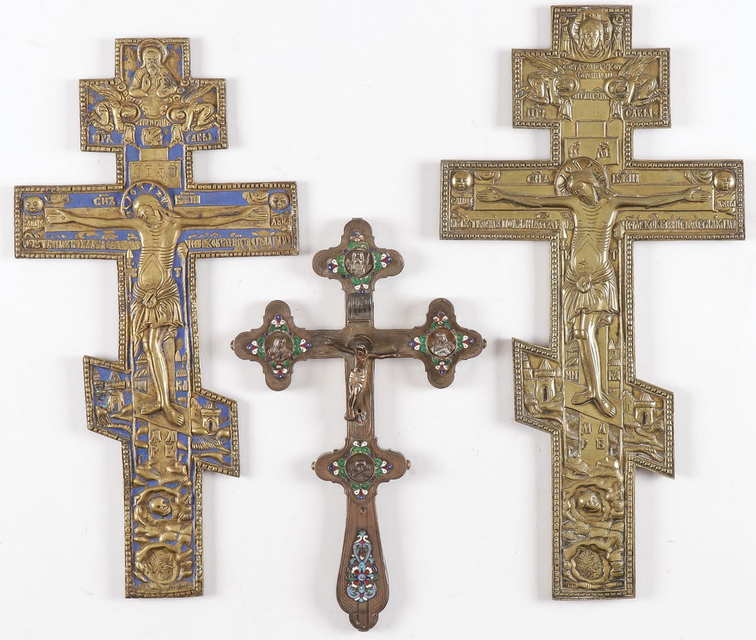 THREE RUSSIAN CROSSES: THREE RUSSIAN CROSSES. Comprising a silver and cloisonné enamel blessing cross, hallmarked Moscow, 1908-1917, with indistinguishable makers marks and 84 standard, height 10.5 inches (26.5cm). Togethe