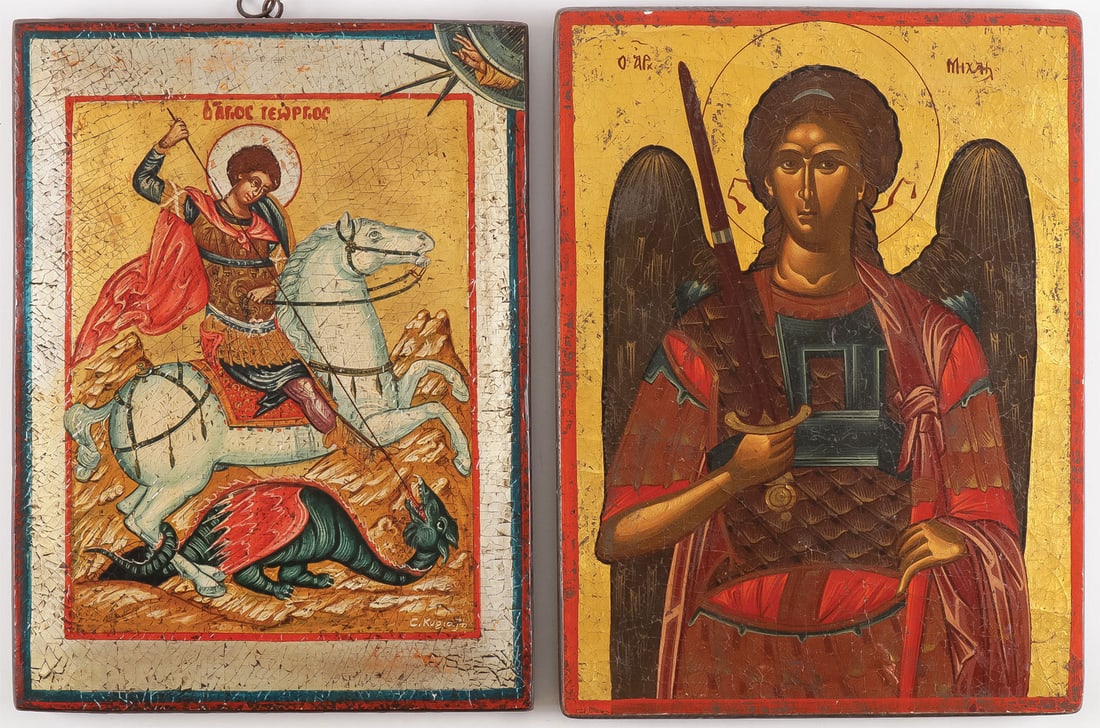 A PAIR OF GREEK ICONS: A PAIR OF GREEK ICONS. Comprising two hand painted Greek icons. One depicting St. George slaying the dragon and the other depicting the Archangel Michael. Greatest measurement 16.5 inches x 12.25 inch