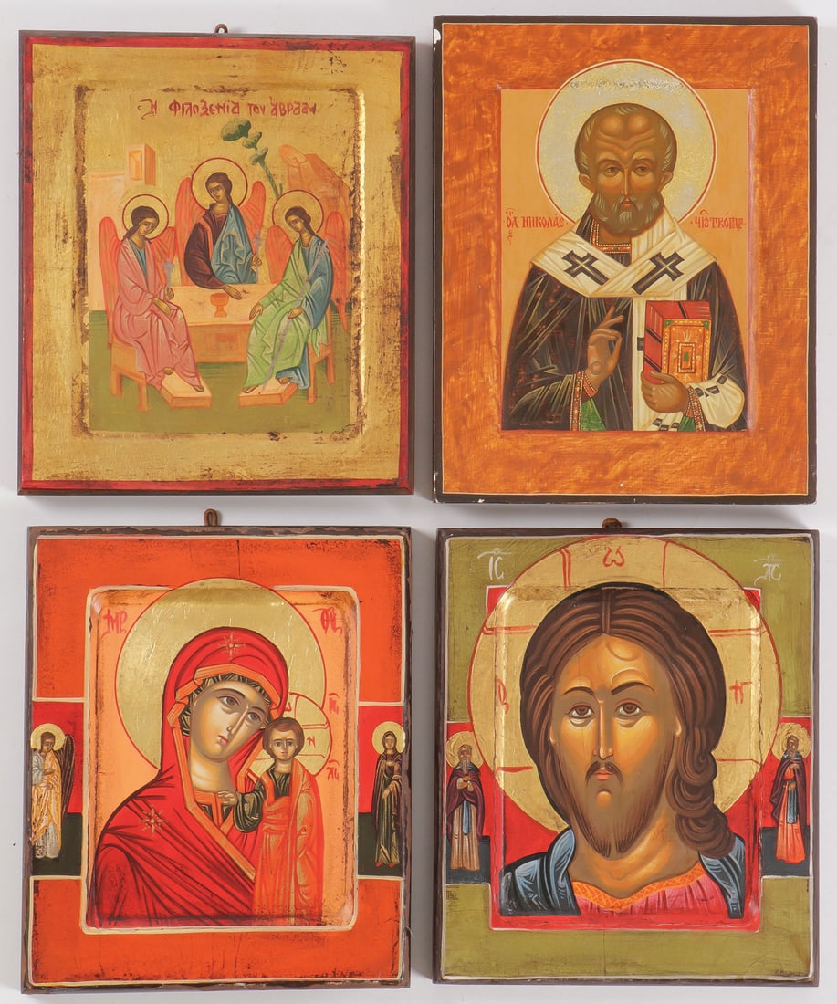 GROUP OF FOUR ICONS: GROUP OF FOUR ICONS. Comprising four hand painted icons, including the Old Testament Trinity, Saint Nicholas, the Kazan Mother of God, and Christ. Largest of all four 12 inches x 9.25 inches. Contempo