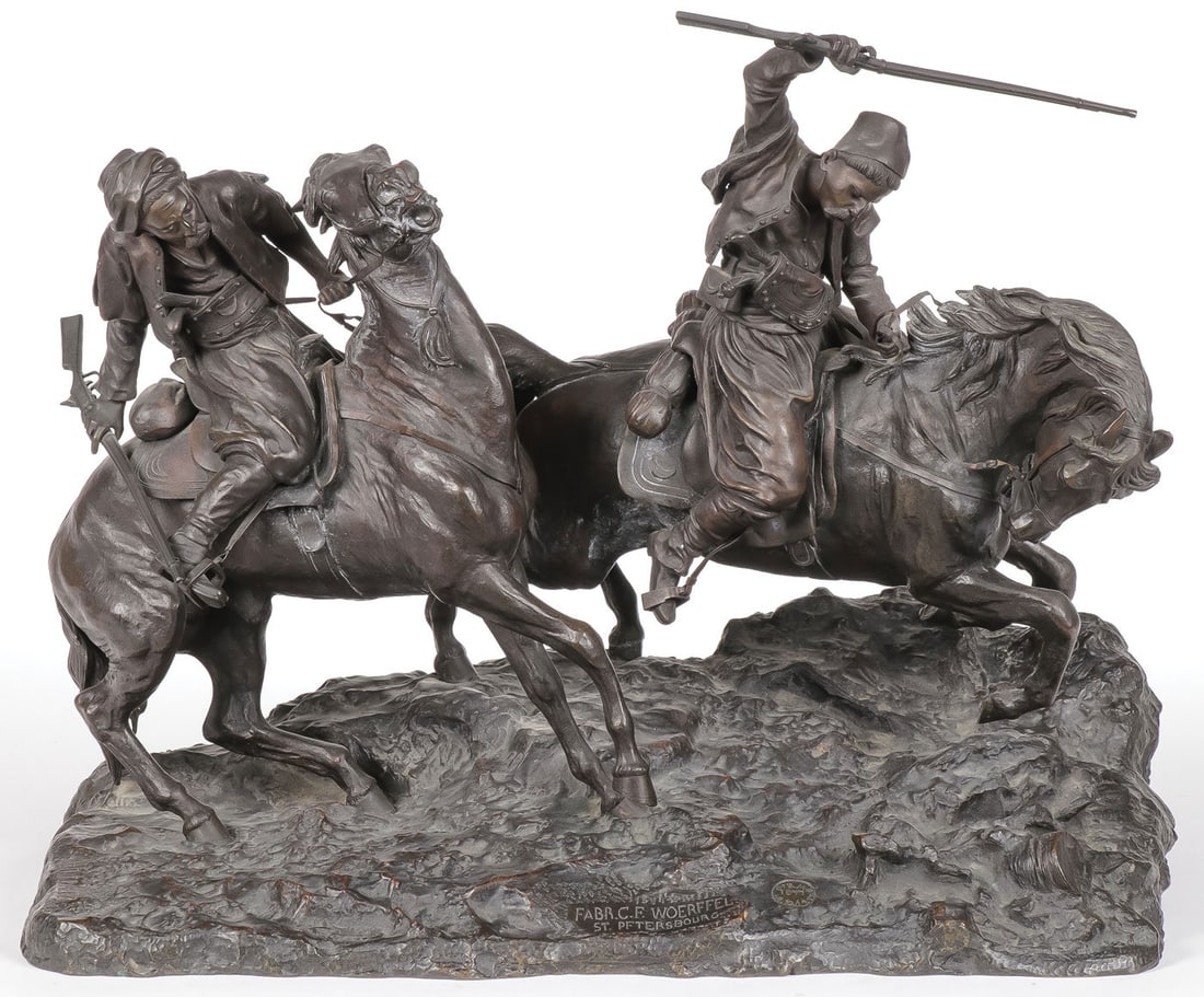 FINE GRACHEV BRONZE COSSACK GROUP, C. 1877: VASSILI YACOVLEVITCH GRACHEV (Russian 1831 - 1905)Charging Cossacks on Horseback -1877Bronze with dark brown patinaSigned LBP GRACHEV with foundry mark FABR. C.F. WOERFFEL/ST. PETERSBOURG and 1877 d