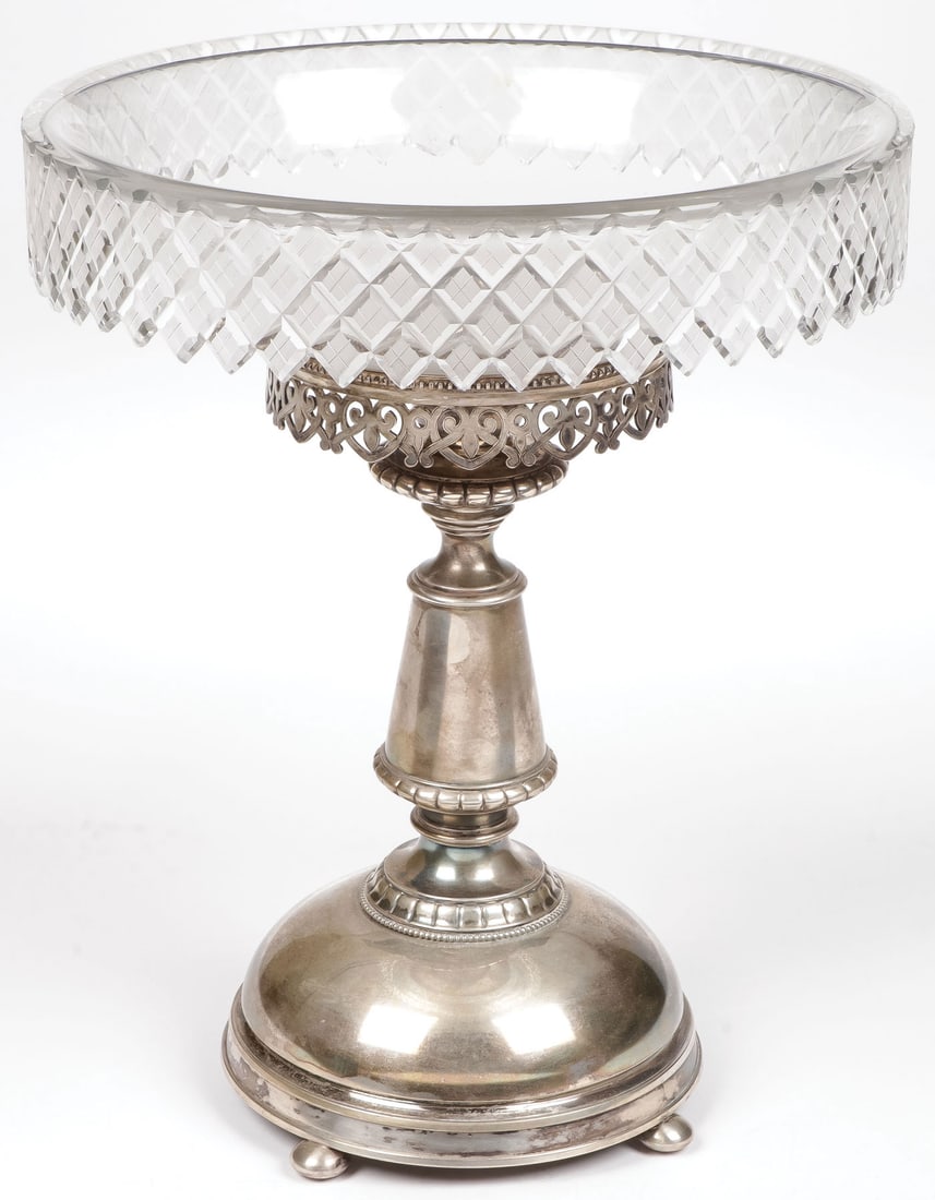 A RUSSIAN SILVER & GLASS TAZZA, GRACHEV 1893: A RUSSIAN SILVER & GLASS TAZZA, GRACHEV 1893. The silver dome base on four ball feet with baluster stem and pierced collar and set with cut glass bowl. Hallmarked St. Petersburg, dated 1893 and Cyrill