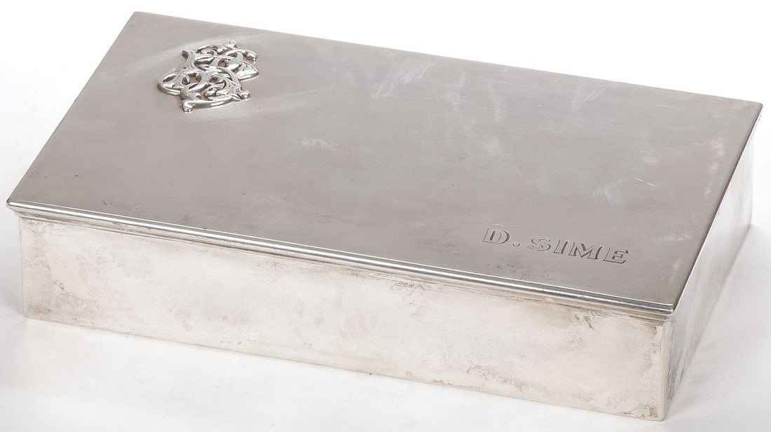 A RUSSIAN SILVER CIGAR BOX GRACHEV: A RUSSIAN SILVER CIGAR BOX GRACHEV. Of rectangular form, the hinged lid opening to reveal a wood-lined interior, hallmarked St. Petersburg, 1896-1908, Cyrillic makers mark BR. GRACHEV, beneath the imp