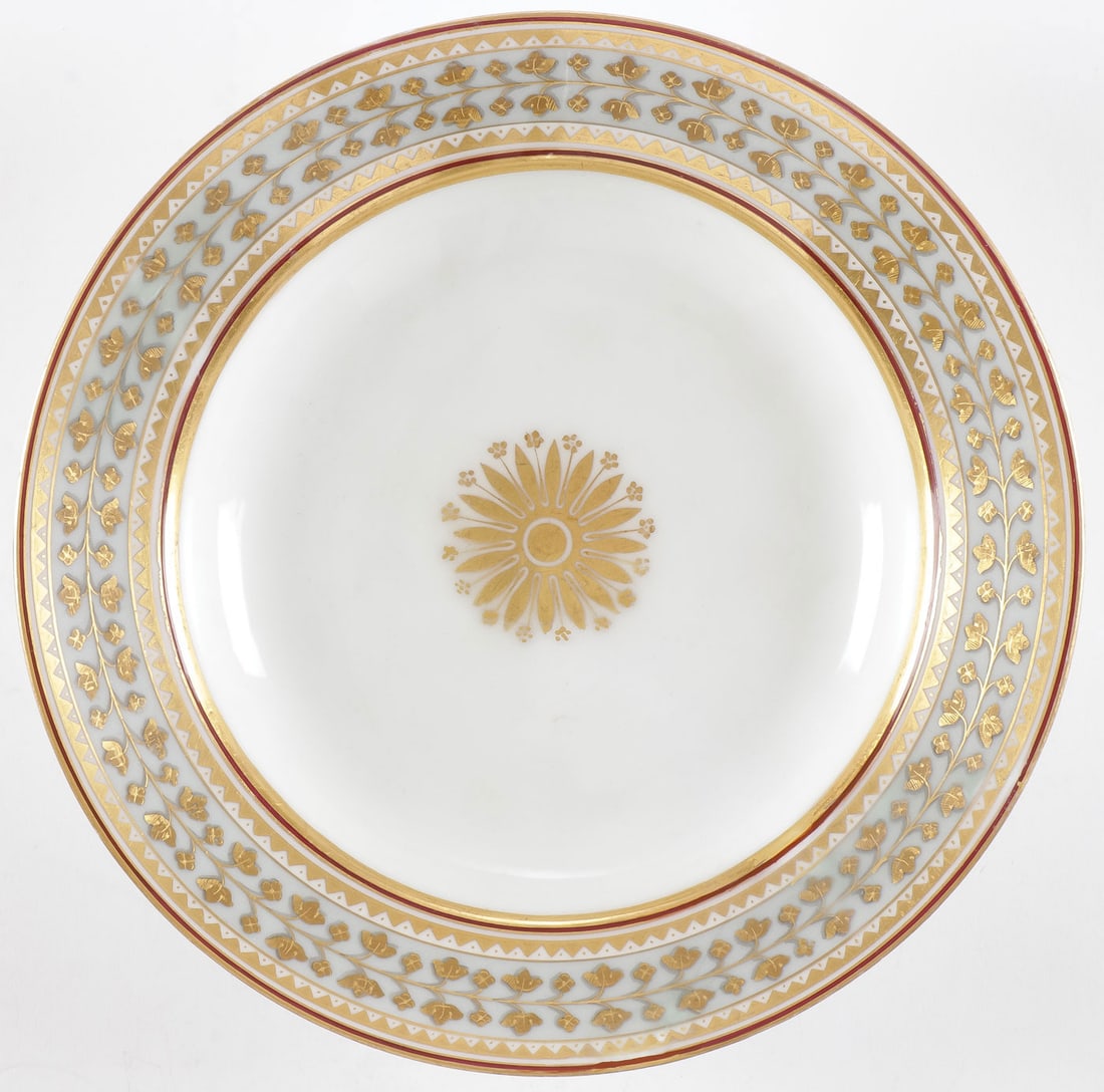IMPERIAL RUSSIAN PORCELAIN BOWL, 1902: IMPERIAL RUSSIAN PORCELAIN BOWL, 1902. Comprising a gilt decorated bowl from the Babigon Service, underside with green mark of Nicholas II and date 1902. Diameter 9 inches (22.5cm). Worldwide in-house