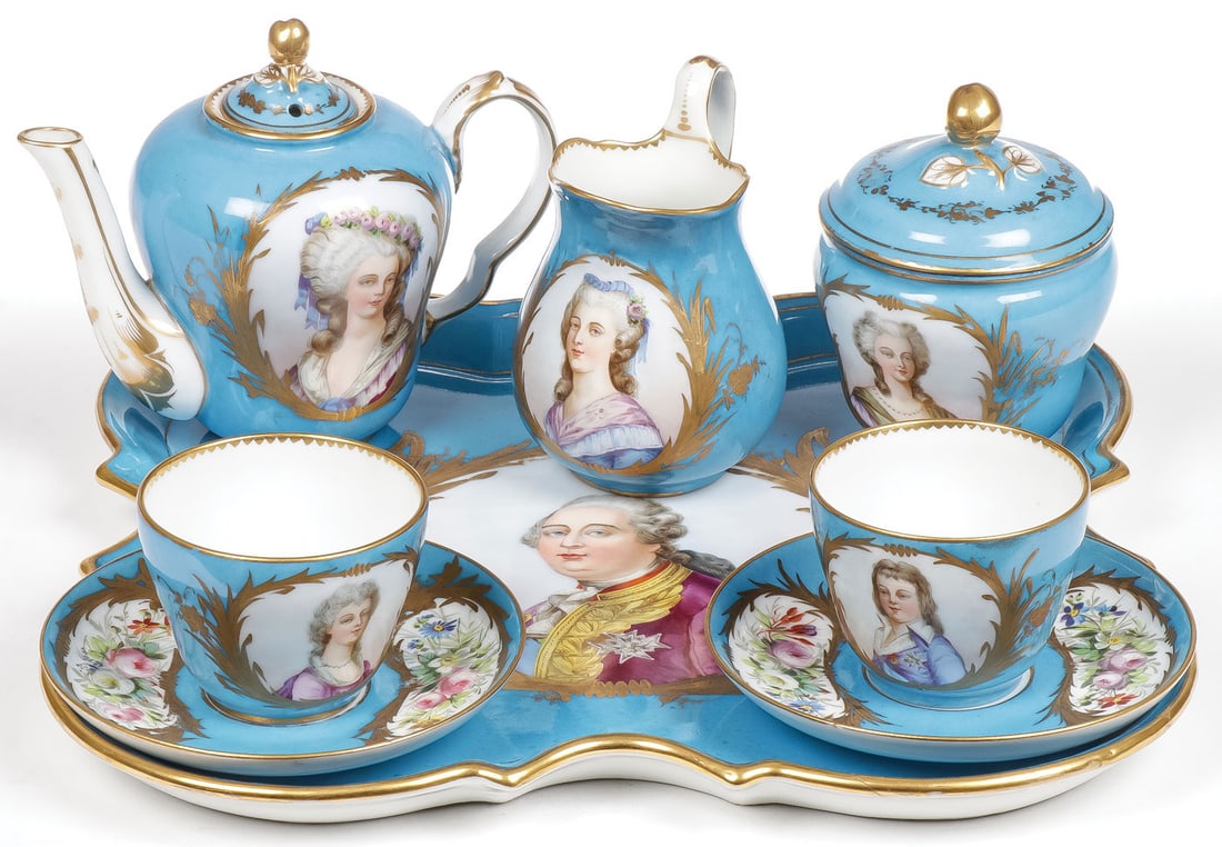 SEVRES 8 PIECE PORCELAIN TETE-A-TETE SERVICE, C: SEVRES 8 PIECE PORCELAIN TETE-A-TETE SERVICE, C. 1890. Comprising a complete 8-piece service, the tray with a portrait of King Louis XV and the other pieces depicting riyal family members. Underside o