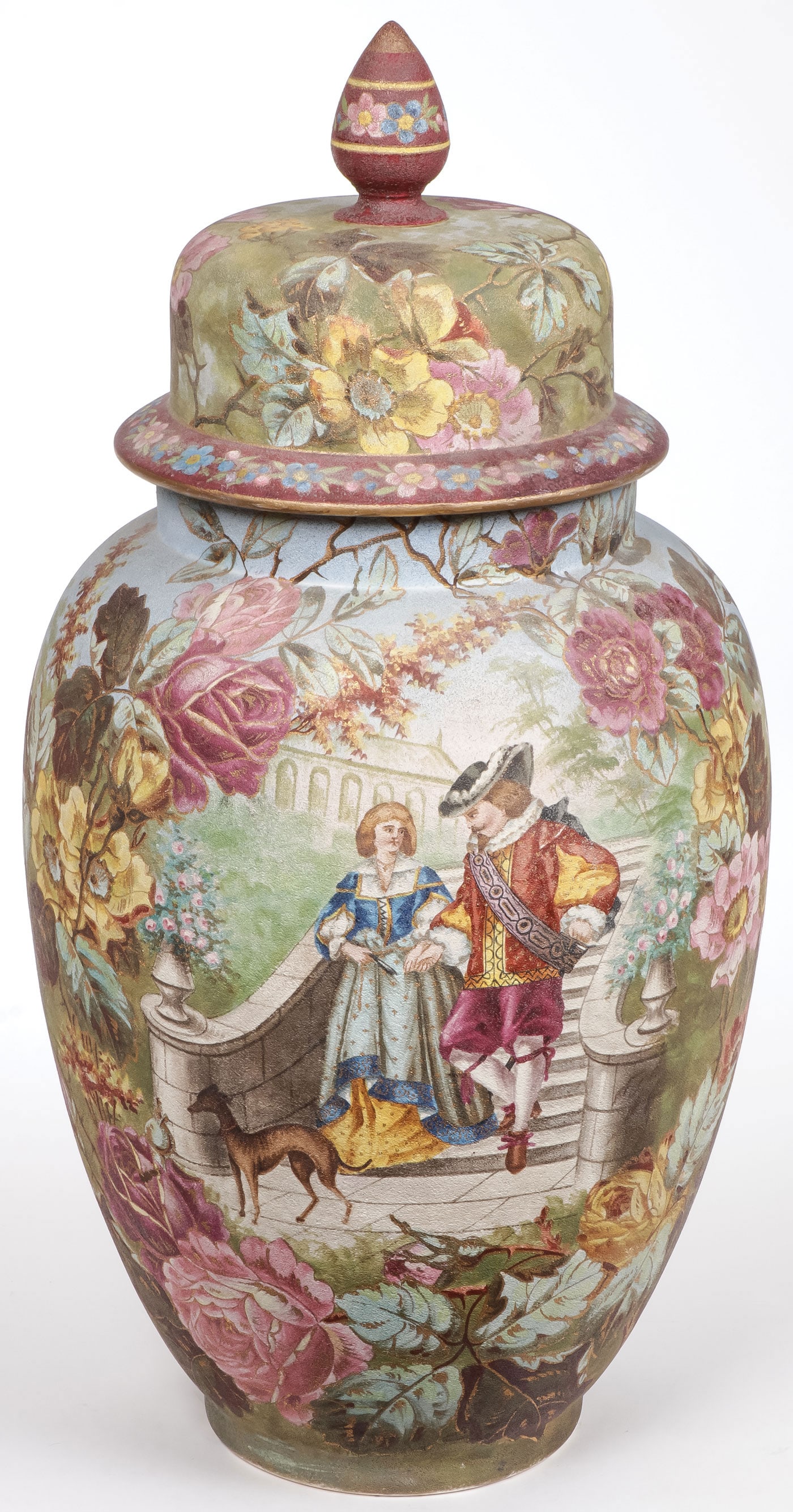 LARGE ROYAL BONN TAPESTRY LIDDED VASE: LARGE ROYAL BONN TAPESTRY LIDDED VASE. Comprising a large and impressive Royal Bonn hand-painted porcelain lidded vase with tapestry finish, depicting a couple and dog descending stairs in a lush flor