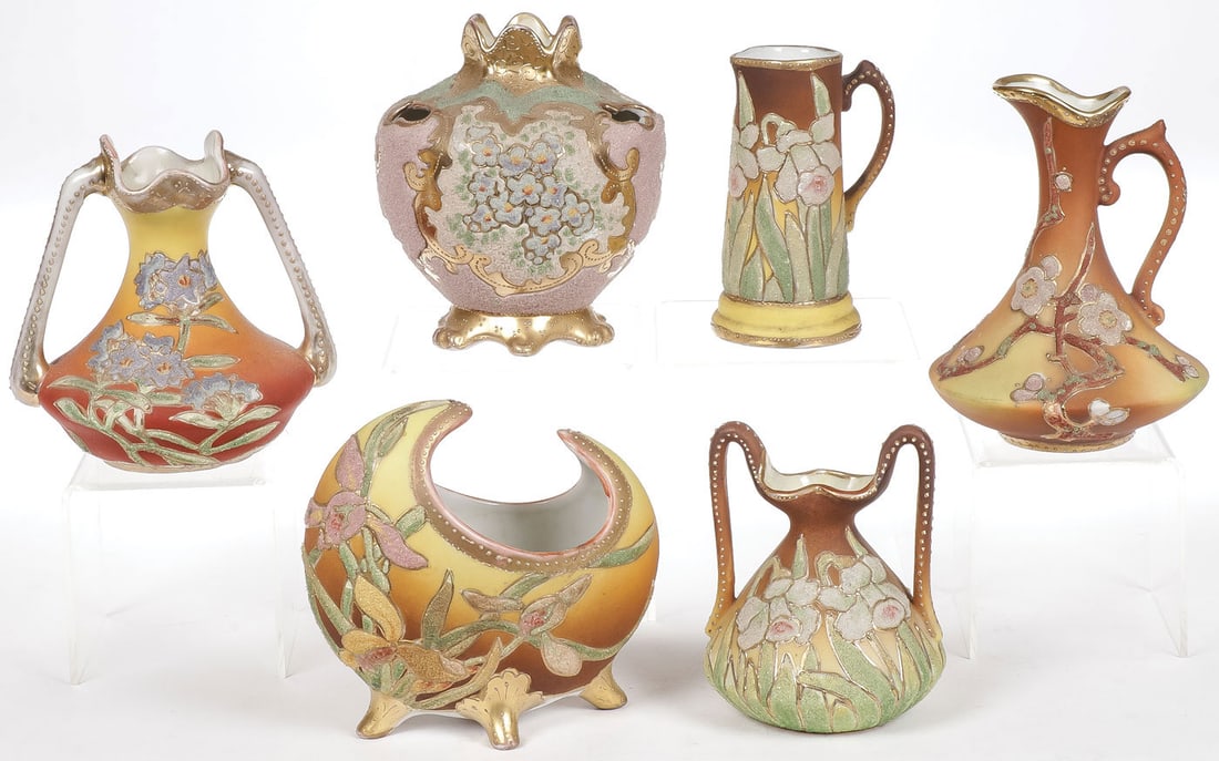 SIX NIPPON CORALENE DECORATED PIECES, C.1909: SIX NIPPON CORALENE DECORATED PIECES, C.1909. Including three vases, two ewers, and a miniature tankard. Each profusely decorated with Coralene floral motifs, most with 1909 patent date. Greatest heig