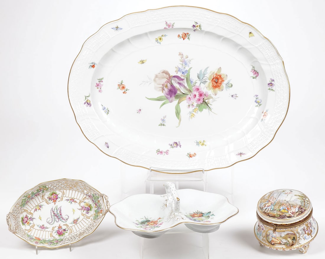 EUROPEAN PORCELAIN GROUP, 19TH C.: EUROPEAN PORCELAIN GROUP, 19TH C.. Comprising a large and impressive Meissen basketweave floral decorated platter, length 22.5 inches, a Dresden hand-decorated gilt-pierced basket, length 10 inches, a