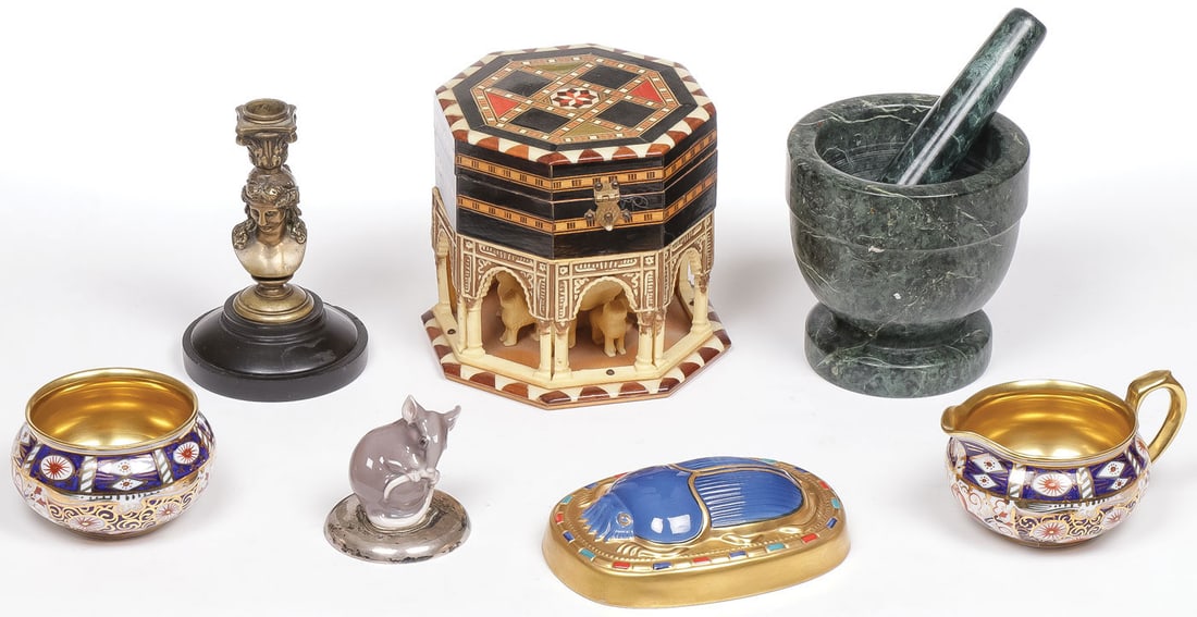 INTERESTING DECORATIVE ARTS GROUP: INTERESTING DECORATIVE ARTS GROUP. Comprising seven individual pieces including a 19th century French bronze bust candlestand on slate base, a polished marble mortar and pestle, a Syrian inlaid hinged