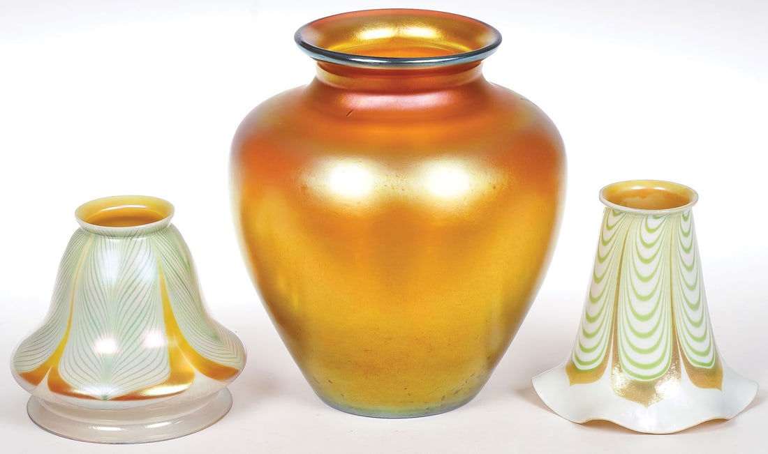 STEUBEN ART GLASS GROUP: STEUBEN ART GLASS GROUP. Comprising a large Aurene gold iridescent vase with polished pontil and marked Aurene and numbered 2683, height 8.6 inches, together with two Steuben pulled feather lamp shade